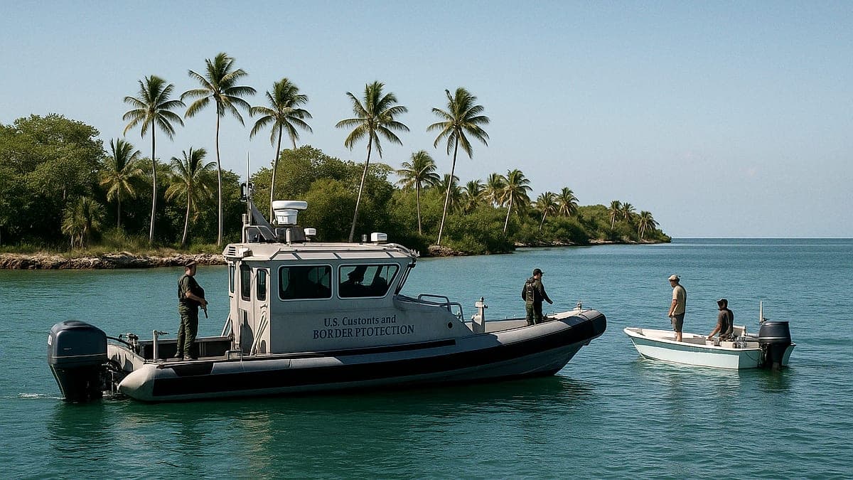 Embarcação da U.S. Customs and Border Protection na costa da Flórida perto de Key Largo, vista geral mostrada em um dia claro com céu azul e palmeiras ao fundo.